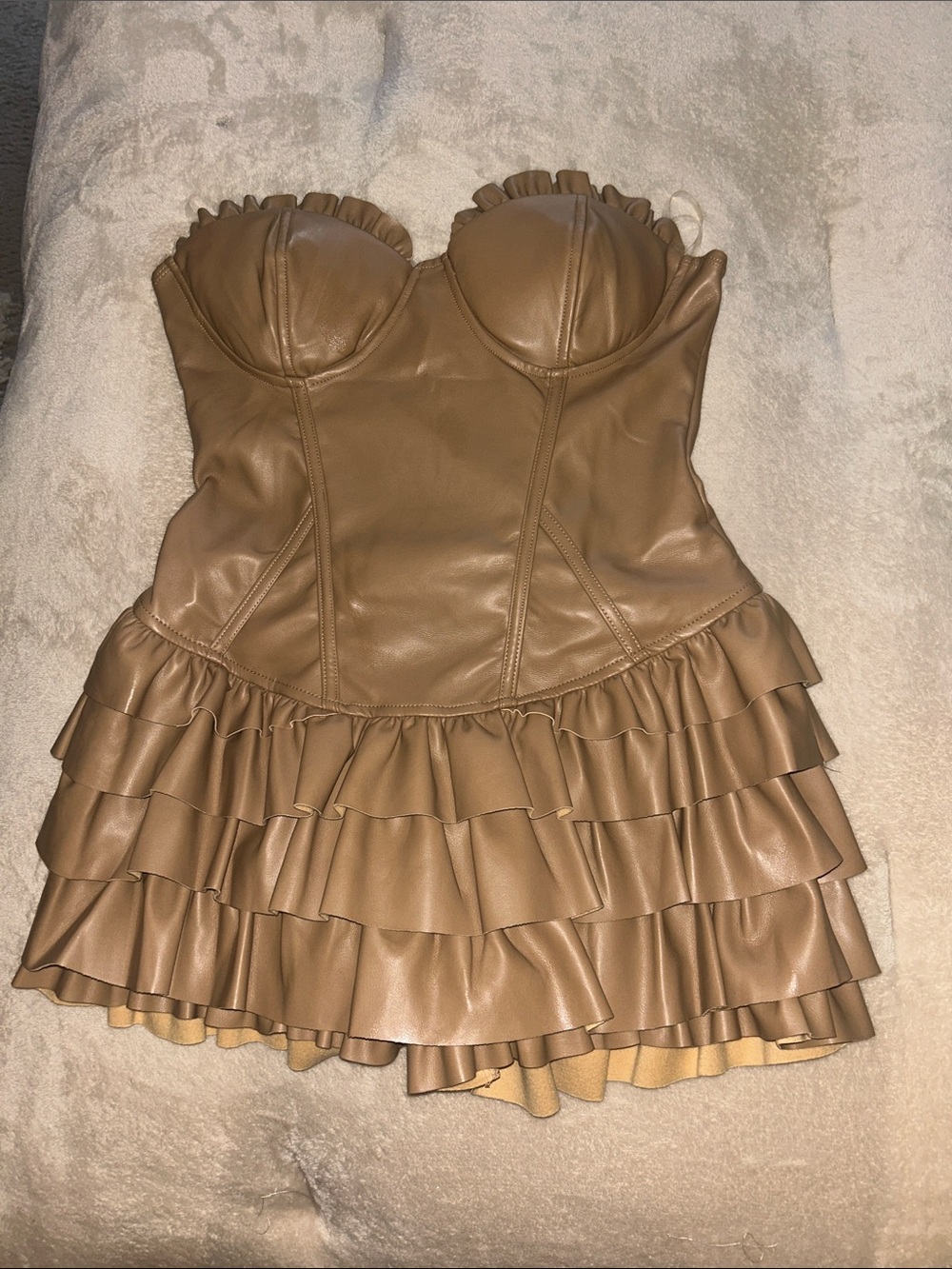 Fashion Nova Strapless Ruffle Tiered Mini Dress in Brown